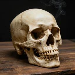 A skull on a wood table, smoke effects, black background, studio lighting