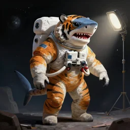 digital painting, tiger shark humanoid astronaut in a space, 8 k, studio lighting, key light from right side,