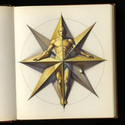 an open page of the voronoi manuscript, depicting a digital painting of a human, golden ratio, symmetry, extremely detailed, hyperrealistic, paper texture, professional drawing, epic highlights, full colors
