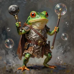 anthropomorphic bipedal frog that is dressed as a medieval fighter, and wielding a club weapon, as a matte oil painting and d & d character art, by alex grey, standing, fullbody, floating bubbles, fog, mystic, concept art, award - winning, extremely detailed, sharp focus