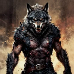 werewolf lycanthrope grinning razorpunk vile reprobate jason statham ripped physique portrait Wolfman Wolfman Fenrir with tombow jonas de ro odd nerdrum greg rutkowski frank frazetta alexandre briclot Dave Dorman splatterpaint