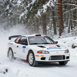 a 1 9 9 7 mitsubishi gto, racing through a rally stage in a snowy forest