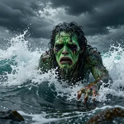 the pain is splattered on the sad monster's green face while huge waves crash against him, water sprays into the air, black thunderclouds, fantasy, unreal engine