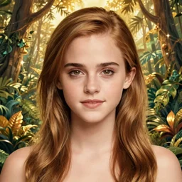 asian japanese emma watson portrait, symmetrical front view, golden ambiance, jungle background, intricate, highly detailed, concept art, sharp focus, illustration, artgerm, ruan jia, jurgens, aleksi briclot, mucha