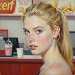exquisite oil painting on canvas of a woman's portrait, gorgeous face, pony tail, porcelain looking skin, blonde hair, piercing stare, green eyes, unique and intricate painting, working at a fast food local, majestic, 4 k, ultra high quality, photorealistic, by annie leibovitz