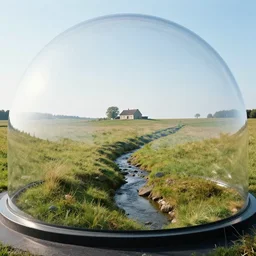 a field with a house in the distance, a small stream flowing through the field, all inside a giant dome