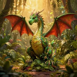 a plant in the shape of a dragon in a jungle setting, vibrant color, d&d, warm lighting, pathfinder, christophe young, charlie bowater