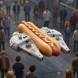 a millennium falcon made of atom sized hot dog flying in a see of sad people dream