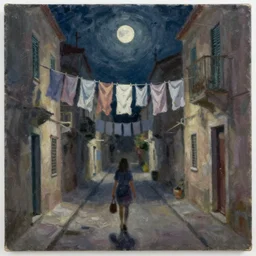 cloth lines above the street as i'm walking home at a dark night through the empty narrow streets of a mediterranean town, 8 k, impasto paint, oil on canvas, muted colours, full moon shining,