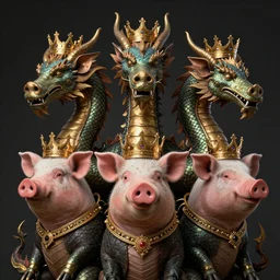 three headed dragon with pig heads wearing crowns 8k hd