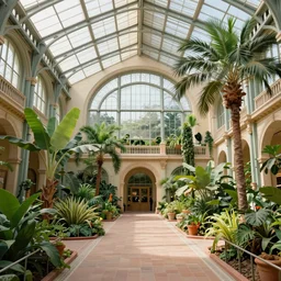 Matte painting of the interior view of giant botanical museum. 19th century architecture. colorful birds flying. Fantastical, detailed digital art trending in artstation