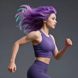 a award winning half body shot of a beautiful woman in a croptop and leggings with a ombre purple pink teal hairstyle with head in motion and hair flying, outrun, vaporware, highly detailed, fine detail, intricate