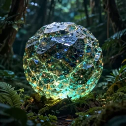 glowing obsidian sphere in a night jungle