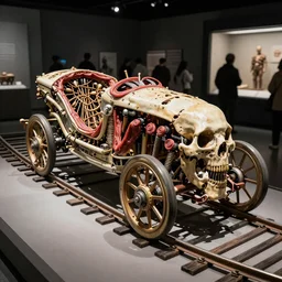 boxcar made of human flesh and bone, biomechanical railroad, highly detailed, artifact exhibit, War Photography, by H.R. Giger