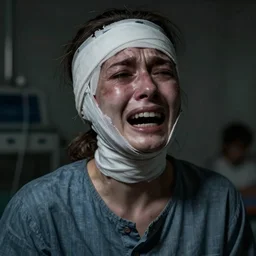 a portrait of a female mental asylum hospital patient ripped with pain and anguish and terror, crying, torn, extreme sadness, hopeless, bandaged head and face, very dark, depressing, grim, moody, atmospheric lighting, cinematic lighting, by dave mckean
