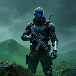 still from bladerunner 2049 (2017) man wearing black tactical gear armor. mountain in foreground ((obscured by fog)) volumetric lighting raining. green hill. Cyberpunk soldier Kevlar armor (blue emissive) holding rifle intimidating, reflective visor, emissive details. dark low exposure overcast skies. Cybernetic arm, robotic arm, metal reflective. (chromatic abrasion)