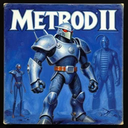 1 9 9 5 retro metroid ii box art. indigo color scheme. character class. drew struzan. h. r. giger. oil on canvas.