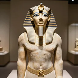 a museum exhibit of the ancient egyptian statue of superman. high quality photograph