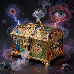 The Someday Box by Karol Bak, Jean Deville, Gustav Klimt, and Vincent Van Gogh, mystic eye, otherworldly, elegant donation box, beautiful elaborate jeweled reliquary, tendrils of smoke escaping from the keyhole of a box, spiraling wisps of colorful mist, lightning, fractal structures, arcane, inferno, inscribed runes, infernal relics, ornate gilded medieval icon, third eye, spirals