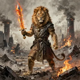 One man who looks like a lion holding a sword of fire standing in a nuclear wasteland, highly detailed, photorealistic, medieval drawing H 768