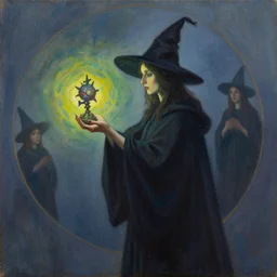 a round witch stares at a strange artefact in her hands. she wear a long dark robe. painted by enki bilal, tony sandoval and regis loisel. oil painting.
