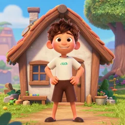 a hero shot for a movie poster of an anthropomorphic main character of a kids movie by pixar, proudly smiling and standing in front of a small and compact wooden house