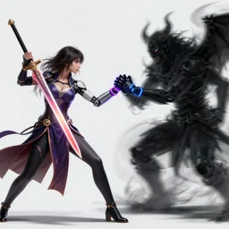 , woman with illuminated sword and android with neon gloves fighting a shadow demon in the forest, grand scale , digital effects fantasy ,digital art, illustration, stylized, cel shaded