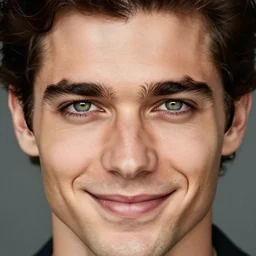 a photograph of a handsome man with dark brown hair and light green eyes, wicked smile, dof, sharp focus, highly detailed face, symmetric face, realistic iris, cinestill 8 0 0 t, photography by paolo roversi