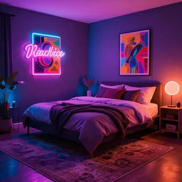 hip bedroom of a millennial shot at night, high detail, neon lights, rug under bed, colorful art