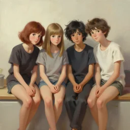 beautiful painting of friends, beautiful faces, sitting on the edge, cute, soft light, digital painting by diane arbus and ralph mcquarrie and harry bertoia octane render
