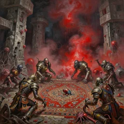 fine art oil painting varied muck jeweled, filthy rugated armored animacules, clawing & terrified as massive brutalist structures, claustrophobic cilia sporing pox, final battle failure, hosed in splash room, red mustard gas fog, by alex nino, francesco blanc, geof darrow, bisley, b wolverton, jack gaughan high resolution,