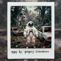 faded photographs of american white spacesuit chubby astronaut in postapocalyptic abandoned destroyed deep forest jungle, wrecked buildings, destroyed flipped wrecked cars, polaroid photo, vintage, 1 9 8 5, neutral colors, rainy day, by gregory crewdson