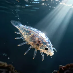 a transparent tardigrade is in a deep sea environment with a dark background, and there is a beam of light in the upper right corner of the picture, which produces the tyndall effect, highly detailed, digital painting, artstation, concept art, movie still, smooth, sharp focus uhd 8 k