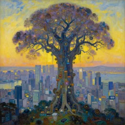 a neon robotic cyberpunk steampunk tree in bay of tokyo, retrofuturistic japanese impressionism, huge city, oil on canvas, natural colors, horizon, golden hour, masterpiece, detailed, ethereal, megalophobia, by gustave caillebotte, wlop, mucha, greg rutkowski