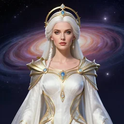 portrait of the powerful empress of the solar system in the style of anna dittmann and in the style of craig mullins. glowing, ornate and intricate linework, stunning, dynamic lighting, ultrafine and hyperdetailed.