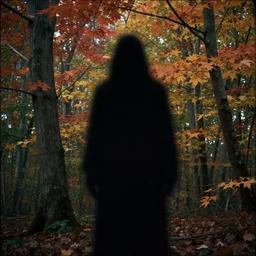 ominous fuzzy shadow creature in a maple tree forest, vhs, creepypasta