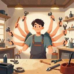 illustration of a young man using stanley with many arms and hands holding different tools, very wide angle, in a workshop
