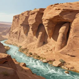 Flying buttresses embedded inside desert cliffs, river rapids, flowing water, artstationhq, concept art