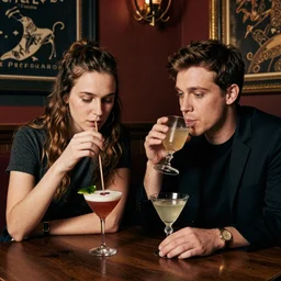 two young status-seeking hipsters drinking classic cocktails in a snobby lounge in NYC, picture in the style of Edward Hopper