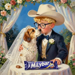 stylish masterpiece painting of the Milkybar kid with blonde hair, cowboy hat and glasses, kissing dog who is a bride, on the altar, at their wedding. In the style of JC Leyendecker and Norman Rockwell