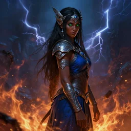 Beautiful Young Female Shaman, shamanistic dark blue clothes, ornamental, covered!, metal garments, dark brown skin, green supernatural eyes, looking across the shoulder, full body, extremely detailed!, high fantasy, matte painting, detailed face!, warcraft, single character!, floating, fire and thunder background, by Rossdraws, James Jean, gerald brom, Andrey Ryabovichev, Mark Simonetti and Peter Morbacher, trending in artstation, artstationHD, artstationHQ, cgsociety, octane, 16K HD