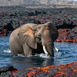 an elephant swimming in lava