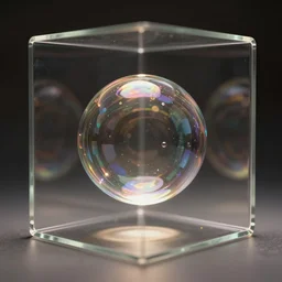 a bubble suspended within a cubical cage realitistic detailed 3 5 mm light and shadow