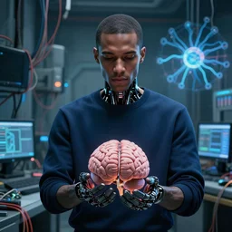 zoomed out, a dark male android in dark blue clothes holding a brain and neurons, in a room full of wires and computers and neural networks, realistic face, zoomed out, sci - fi, ai, 4 k realistic, artem demura. alphonse mucha.