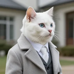 a white cat wearing a formal overcoat, hyperrealistic, concept art, octane render, unreal engine 5, trending on DeviantArt, highly detailed, high quality, 8K, soft lighting, cute, natural lighting, realistic face, trending on Artstation, elegant clothes, profile picture, path traced, house background