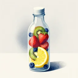 ( ( dither ) ), editorial illustration portrait of strawberries blueberries sliced kiwi sliced lemon inside a clear drinking bottle, ( ( isometric ) ), modern art deco, ( ( mads berg ) ), karolis strautniekas, stippled light, fog, fine texture, dynamic composition, matte print