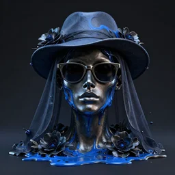 a head made out of melting metal, dark palette, it is wearing sunglasses and a hat and a veil, there are flowers all around it, blue paint melting, vogue cover style, demonic style, smooth fractal style, ethereal fantasy style, 3 d perfect render style, horror style