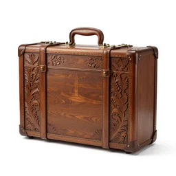 carved wooden suitcase, 8k product photo, isolated on a pure white background, centered, entire object in frame, sharp focus, soft studio lighting