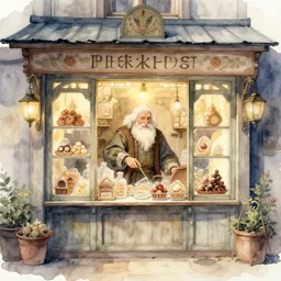 old wise man's confectionary shop. watercolor fairytale art, russian romanticism, muted palette, intricate details, backlighting
