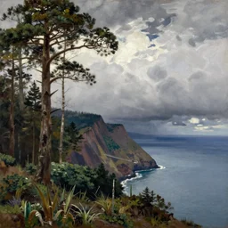 painting by sargent and leyendecker and greg hildebrandt savrasov levitan epic composition forests trees bushes taiga coast cliffs bay above the layered low clouds on madeira faroe azores islands overcast storm
